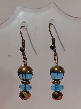 Hand Crafted Blue Crystal Drop Earrings - Bronze Accents